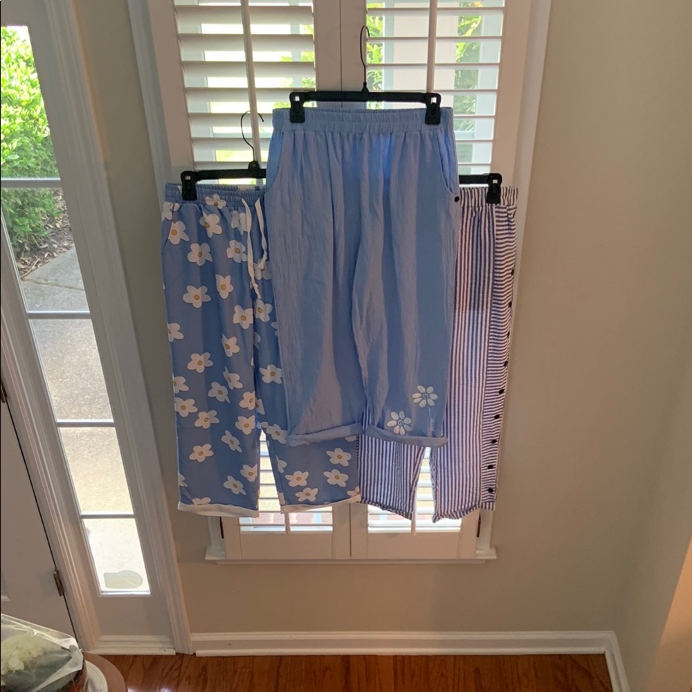 Vacation, travel Pants Blue Floral, Blue Striped, and Solid Blue flower at hem.